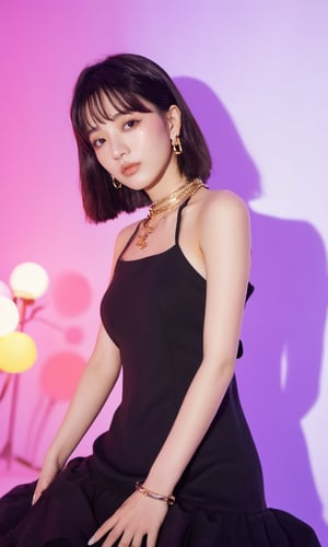 xxmixgirl,woman in a black dress posing for a picture, “uwu the prismatic person, kpop style colors, shot at night with studio lights, neck chains, inspired by Wang Yuanqi, brown hair with bangs, 1: 1 album artwork, streaming on twitch, plastic doll, lisa, lolita, glamorous angewoman digimon