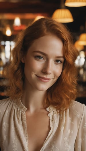 a close up photo of a 20 year old french woman in a blouse at a bar, seductive smile, ginger hair, cinematic light, film still,

