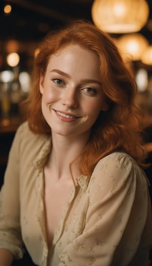 a close up photo of a 20 year old french woman in a blouse at a bar, seductive smile, ginger hair, cinematic light, film still,

