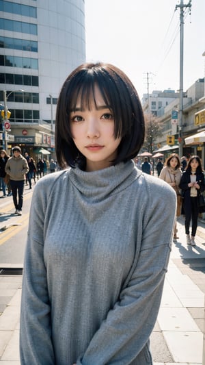 (Candid photography:1.3) photo of a beautiful woman, (long hime cut hairstype:1.3), (short hair:1.3), dressed in a cowl neck sweater, long pants, cowl neck sweater, walking in the center of the city, upper body, soft diffused lighting, eye level, shot on Aaton LTR with technicolor, (in style of Tyler Shields:1.2)