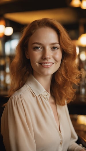 a close up photo of a 20 year old french woman in a blouse at a bar, seductive smile, ginger hair, cinematic light, film still,

