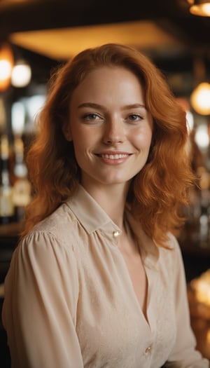 a close up photo of a 20 year old french woman in a blouse at a bar, seductive smile, ginger hair, cinematic light, film still,

