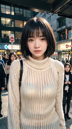 (Candid photography:1.3) photo of a beautiful woman, (long hime cut hairstype:1.3), (short hair:1.3), dressed in a beige cowl neck sweater, long pants, cowl neck sweater, walking in the center of the city, upper body, soft diffused lighting, eye level, shot on Aaton LTR with technicolor, (in style of Tyler Shields:1.2)