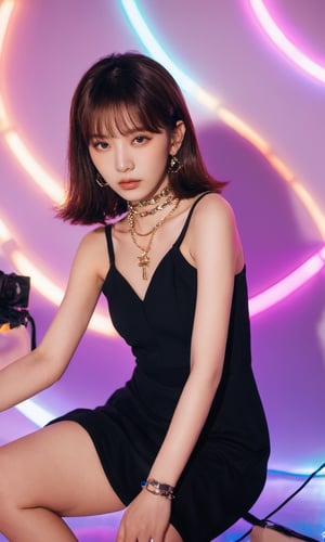 xxmixgirl,woman in a black dress posing for a picture, “uwu the prismatic person, kpop style colors, shot at night with studio lights, neck chains, inspired by Wang Yuanqi, brown hair with bangs, 1: 1 album artwork, streaming on twitch, plastic doll, lisa, lolita, glamorous angewoman digimon