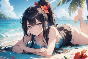 anime style beautiful woman, 1girl, (ponytail), black hair, (long hair), (smile), (beach), (outdoor, blue sky, beautiful fantasy tropics, sweet smile, vivid color, sunshine, flowers, hibiscus, scenery, Beautiful Beach)),  
Slender, skinny, (turime), thick eyebrows, 
((lying down, wet)),
vibrant colors, sharp focus, best quality, depth of field, cinematic lighting, (illustration, 8k CG, extremely detailed), ultra-detailed, high resolution, firefliesfireflies, perfect light, 
stylish pose, 8k, very clear, highest quality, high resolution. best quality, illustration, sax blue, 1girl, cute, (dynamic lighting:1.2), cinematic lighting, delicate facial features, detailed eyes, sharp pupils, realistic pupils, depth of field, bokeh, sharp focus, (hyper-detailed, bloom, glow:1.4), many small gems,Beautiful Beach