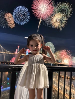 2 cute 3-year-old children, a boy and a girl, New Year's Eve 2024, there are dragon-shaped fireworks in the sky, unreal scene,Young beauty spirit 