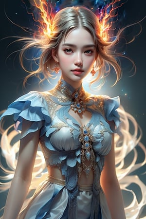 (masterpiece, top quality, best quality, official art, beautiful and aesthetic:1.2), (1girl), extreme detailed,(abstract, fractal art:1.3), colorful hair, highest detailed, detailed_eyes, fire and water, ice, lightning, light_particles, ghost,xxmix_girl