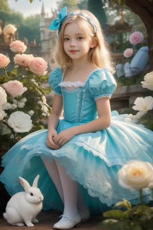 Fairy tale "Alice in Wonderland", 1 girl, 10 years old, blond hair, with a large aqua blue bow in her hair, wearing a blue one-piece tutu with a white skirt underneath. Holding a little white rabbit. A fairytale fantasy scene set against a garden filled with oversized roses and intricate background details. Full body shot. smile, toothless smile, good mood, masterpiece, best quality, dynamic lighting, high resolution, hdr, detailed face, shiny skin