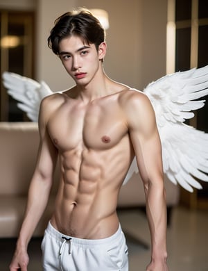 create a hyper-realistic image of a young and handsome caucasian angel, he's 16 years old, 8k, high detailed, sharp focus, more detail XL, Movie Still, ((slim torso body view)), white shoes, (whole image within frame), photo r3al, aesthetic portrait