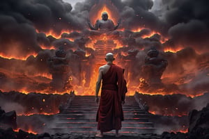 Masterpiece, best quality, best quality, stunning, extremely detailed CG unity 8k wallpaper, monk, background of dark fire hell, 8k