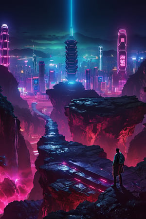 Masterpiece, best quality, stunning, extremely detailed CG uniform 8k wallpaper, Future World China Hong Kong, neon lights, a man standing on the rock, night, high angle of view,