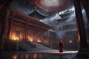 Masterpiece,  best quality,  best quality,  stunning,  extremely detailed CG unity 8k wallpaper,  monk,  background of Palace of Hell dark,  8k, 
