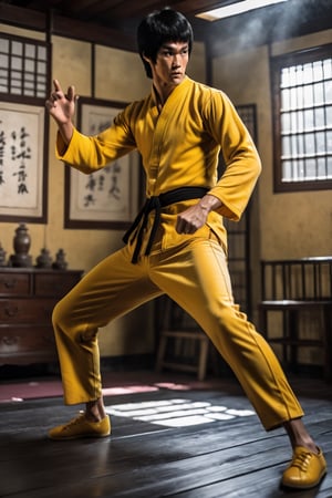 Masterpiece, best quality, stunning, extremely detailed CG uniform 8k wallpaper, Bruce Lee, fitted yellow jumpsuit, asics yellow sneakers, holding nunchucks, kung fu fight, inside a Japanese Stacked mat floor, 8k,