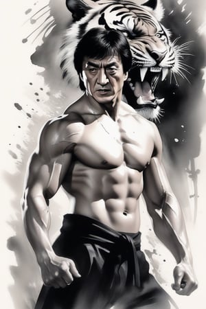 Jackie Chan close-up, angry expression, shirtless,  black cloth kung fu pants, black cloth belt, fighting posture, Chinese ink painting tiger, outdoor, Chinese ink painting, whole body,