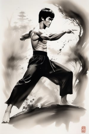 Close-up of  Bruce Lee, angry expression, shirtless, wearing black cloth kung fu pants, black cloth belt, fighting pose, outdoor, Chinese ink painting,  full body, 
