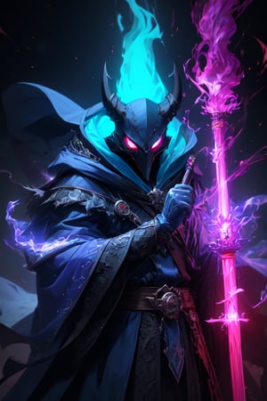 An evil anthropomorphic wizard in a devil mask using an intricately designed blue colored robe, holding_weapon, plasma stick, wand with plasma neon energy, photography, beautiful, blank background, colorful, masterpiece, best quality, official art, beautiful and aesthetic, realistic, perfect eye, 2,5d