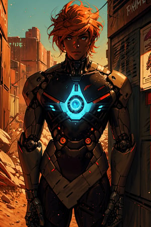 looking at the light in front of a person, in a vibrant fantasy landscape style, colour blue and orange, energetic illustration, biker, desert, poster art, galaxy,perfecteyes,((robot)), symetris