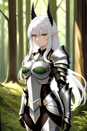 1girl, solo, masterpiece, ultra detailed, scenery, medium shot, standing, forest, outdoors, pointy ears,, white hair, hair between eyes, green eyes, long hair, medium breasts, armor, heavy armor,