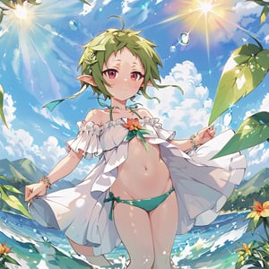 masterpiece, best quality, sylphiettes, 1girl, solo, breasts, blush, hair ornament, dress, navel, holding, bare shoulders, jewelry, standing, collarbone, swimsuit, flower, ahoge, bikini, earrings, small breasts, outdoors, sky, day, hairclip, cloud, hair flower, water, stomach, white dress, bracelet, blue sky, dutch angle, ^ ^, ocean, halterneck, watermark, ass visible through thighs, sandals, sunlight, elf, facing viewer, blue bikini, lens flare, wading, summer, sandals removed