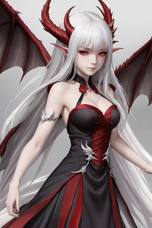 1girl, long hair, white hair, red eyes, dragon horns, long hair, dress, wings,