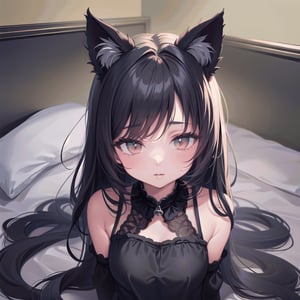 Masterpiece,  cute girl(20 old),  black long hair,  cat ears,  love eyes,  sexy chlotes,  he girl is in love,  sitting on bed, Upper body photo

