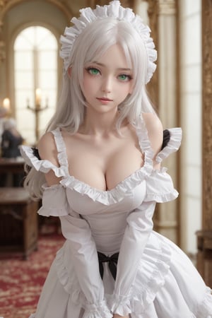 1girl, solo, masterpiece, ultra detailed,, white hair, hair between eyes, green eyes, long hair, medium breasts, maid dress, frills , indoors, palace, medium shot, leaning forward, arms behind back, blush