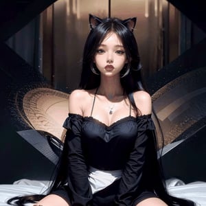 Masterpiece,  cute girl(20 old),  black long hair,  cat ears,  love eyes,  sexy chlotes,  he girl is in love,  sitting on bed, Upper body photo

