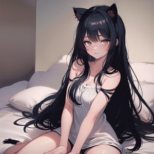 Masterpiece,  cute girl(20 old),  black long hair,  cat ears,  love eyes,  sexy chlotes,  he girl is in love,  sitting on bed, Upper body photo

