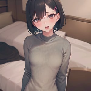 (masterpiece), highest quality, high resolution, small breasts, 1girls, short hair, upper body, looking at viewer, hairclips, loose outfit, casual outfit, bedroom background, blushing, messy hair, open mouth,