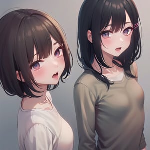 (masterpiece), highest quality, high resolution, small breasts, 2girls, short hair, long hair, upper body, looking at viewer, hairclips, loose outfit, casual outfit, blushing, messy hair, open mouth,