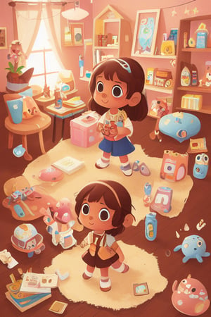 a brown hair explorer girl in her room, full of plushes and toys, COOLKIDS_V2