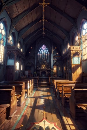 masterpiece, best quality,small church, victorian era, from inside view, viewer looking outside the glass, detail interior,beautiful street, detail perspective, 2 point perspective, day time, local shops, Studio Ghibli, Makoto Shinkai anime style