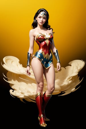 (full body,solo:1.2),(masterpiece,best quality:1.5), (1lady:1.2), wonder woman, cloudstick, waves, coloful, led light, (deep yellow gradient background),cloudstick,