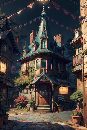 masterpiece, best quality,castle in the woods, victorian era, from inside view, viewer looking outside the glass, detail interior,beautiful street, detail perspective, 2 point perspective, day time, local shops, Studio Ghibli, Makoto Shinkai anime style