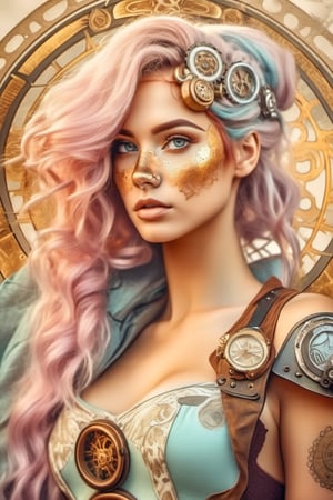 photo of beautiful woman, pastel hair, freckles sexy, beautiful,  young, dslr, 8k, 4k, ultrarealistic, realistic, natural skin, superhero pose, intricated texture dress, metal dress, textured skin, alphonse mucha painting style,HZ Steampunk