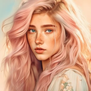 photo of beautiful age 18 girl, pastel hair, freckles sexy, beautiful, close up, young, dslr, 8k, 4k, ultrarealistic, realistic, natural skin, textured skin, alphonse mucha painting style