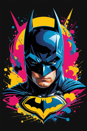 batman movie poster, symetrical, vector illustration, Leonardo Style,tshirt design,oni style, color splash, inkstrike (splatoon), ribbons, vibrant, full figure, 