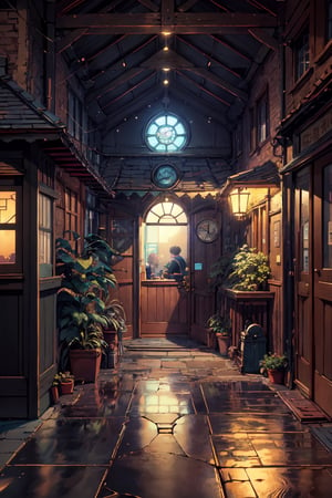 masterpiece, best quality, small pub, victorian era, from inside view, viewer looking outside the glass, detail interior,beautiful street, detail perspective, 2 point perspective, day time, local shops, Studio Ghibli, Makoto Shinkai anime style