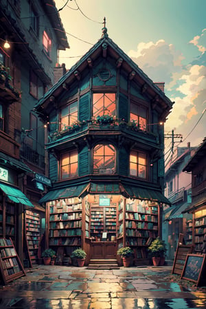 masterpiece, best quality, small bookshop, victorian era, from inside view, viewer looking outside the glass, detail interior,beautiful street, detail perspective, 2 point perspective, day time, local shops, Studio Ghibli, Makoto Shinkai anime style