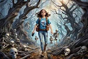 1 girl, brown hair, explorer style, walking in a hunted woods, ghosts, skeletons, spirits, greg rutkowski, hyper realistic, high details,ghost,tshirt design