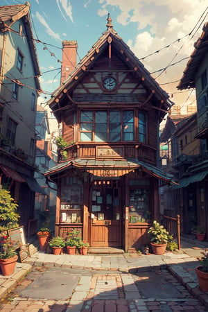 masterpiece, best quality,small cafe, victorian era, from inside view, viewer looking outside the glass, detail interior,beautiful street, detail perspective, 2 point perspective, day time, local shops, Studio Ghibli, Makoto Shinkai anime style