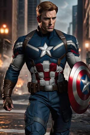 Marvel Captain America, city streets, cinematic lighting, fiery eyes, aggressive eyes, realistic shadow, extra fine details, high resolution, detailed hair