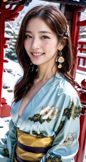 highest quality、Super detailed、very detailedなCG8K、very detailed、beautiful breasts、slim figure、long legs、realistic portrait、wonderful face and eyes、beautiful eyes、well-groomed white teeth、Well-formed eyes、Beautiful Japan、wrapped in warm light、smile happily、thin earrings、warm lighting、(Full body shot)、Hairpin、A beautiful woman wearing a beautiful floral kimono、Japanese person wearing a floral kimono、(A scene of worshiping in the snow-covered shrine grounds)、
