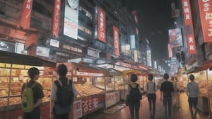 sky, twilight, anime, makoto shinkei, matte painting, bangkok, thailand, cyberpunk, night, market