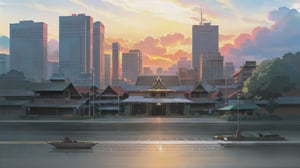 sky, twilight, anime, makoto shinkei, matte painting, bangkok, thailand, cyberpunk, temple
