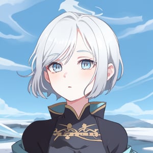 Girl, elegant, short Silver hair, Blue eyes, medieval Europe, ice magician, off the shoulder dress