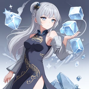 Girl, elegant, Silver hair, Blue eyes, medieval Europe, ice magician