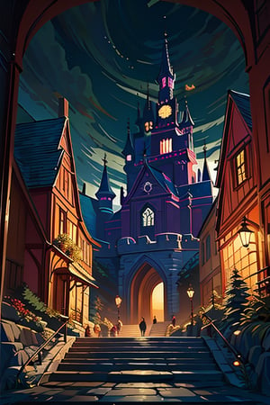 Mystical castle, night scene, low light, complex background