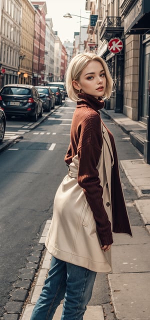 beautifull woman in a RED Winter Sweaters Oversized Turtleneck Long Sleeve with white hair in the air, leather coat 