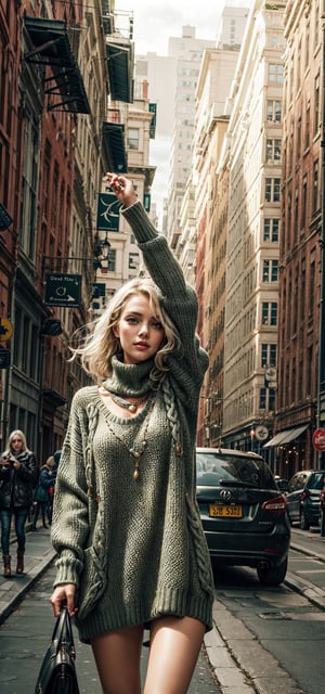 beautifull woman in a Green Winter Sweaters Oversized Turtleneck Long Sleeve with white hair in the air, leather coat 